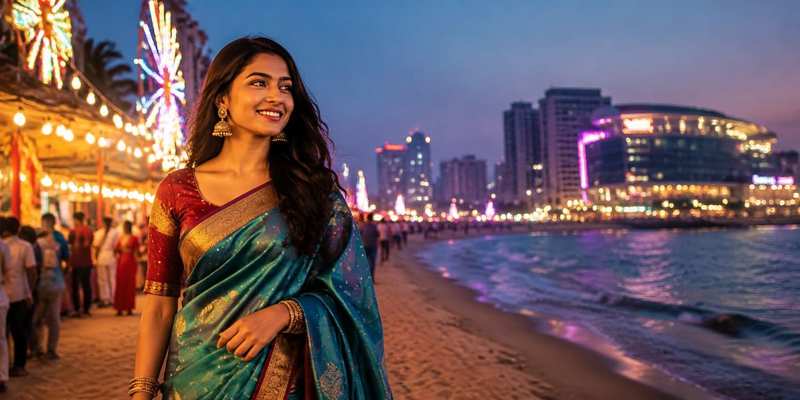 Evening lights at Marina Beach, Chennai near nightlife and entertainment venues