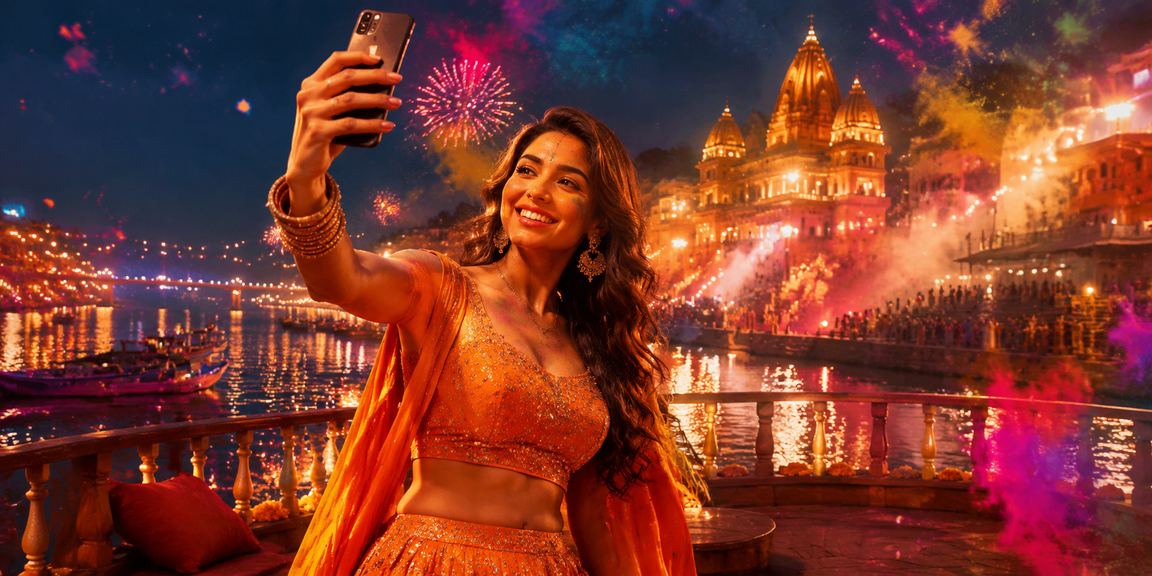 Live casino play at Holi festival in Varanasi with traditional crowd